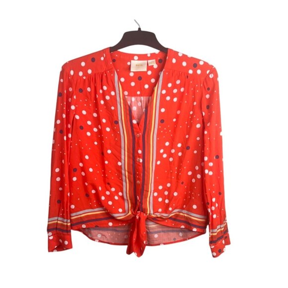 Anthropologie Maeve Elan Scarf Orange Polka Dot Long-Sleeve Button-Down Blouse 2 - Picture 2 of 16